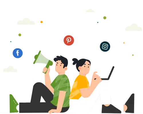 an_illustration_of_a_man_and_woman_sitting_back-to-back_using_a_megaphone_and_a_laptop_with_social_media_icons_above_them An illustration of a man and woman sitting back-to-back, using a megaphone and a laptop, with social media icons above them.